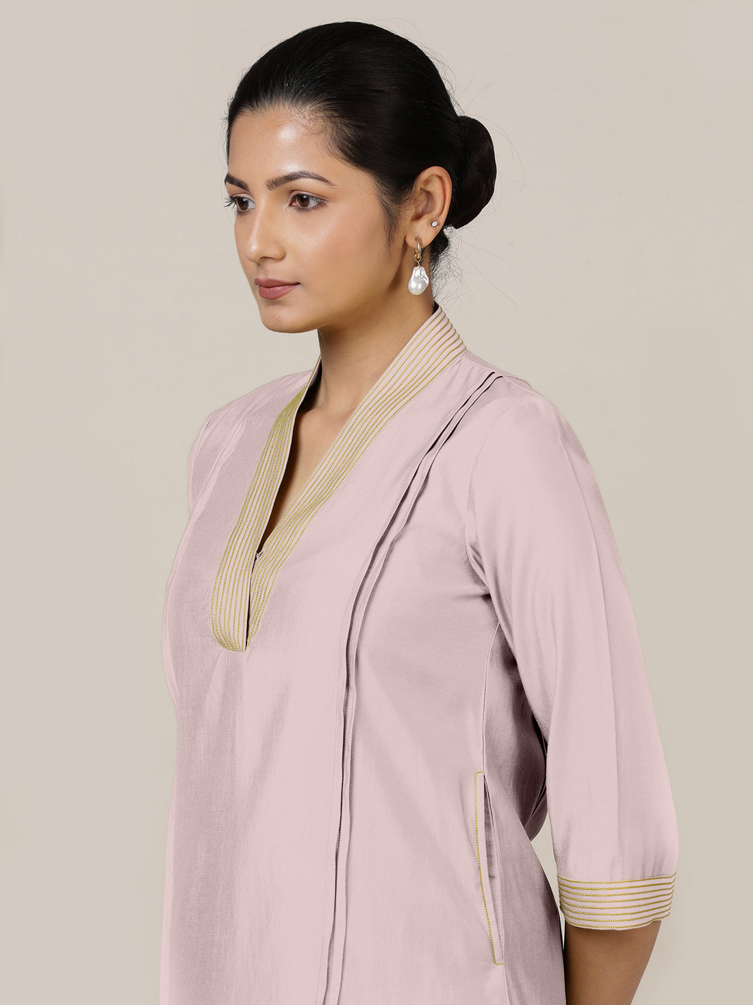 Vanya x Rozaana Kurta, in Purple Viscose, featuring three quarter sleeves and band collar neckline, made for daily & work.