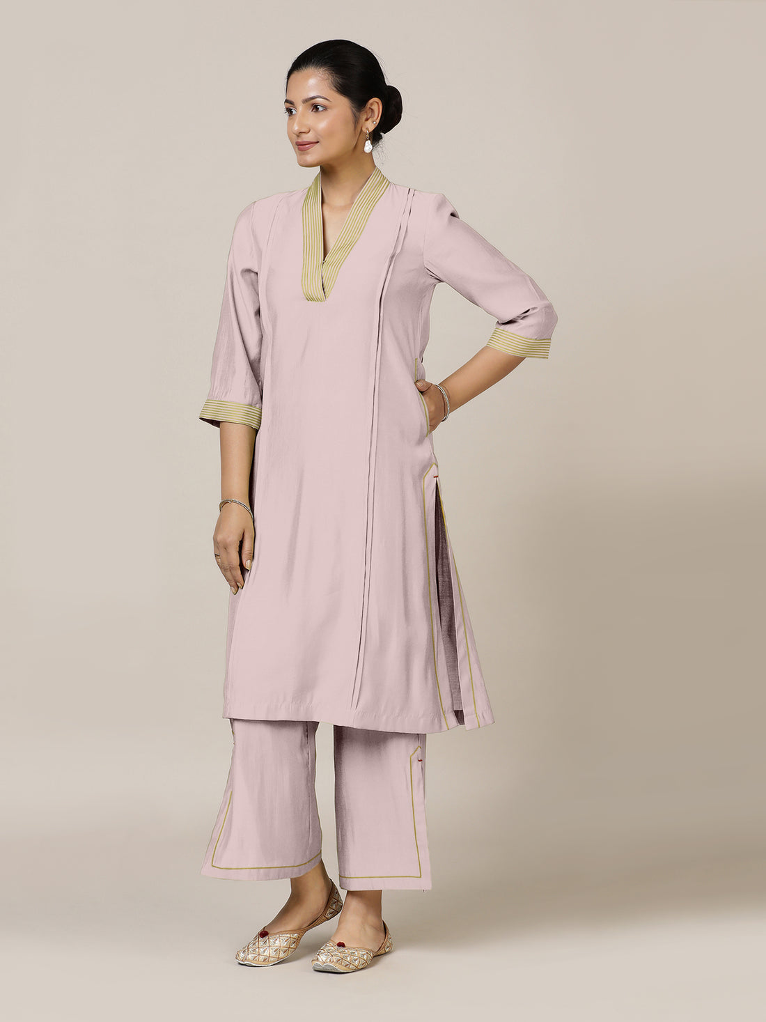Vanya x Rozaana Kurta, in Purple Viscose, featuring three quarter sleeves and band collar neckline, made for daily & work.