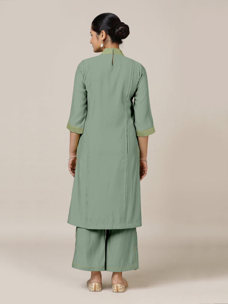 Vanya x Rozaana Kurta, in Green Viscose, featuring three quarter sleeves and band collar neckline, made for daily & work.