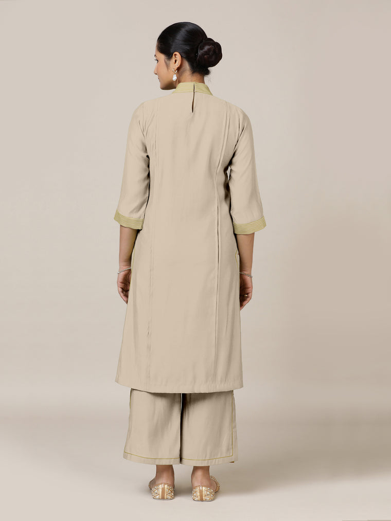 Vanya x Rozaana Kurta, in Grey Viscose, featuring three quarter sleeves and band collar neckline, made for daily & work.