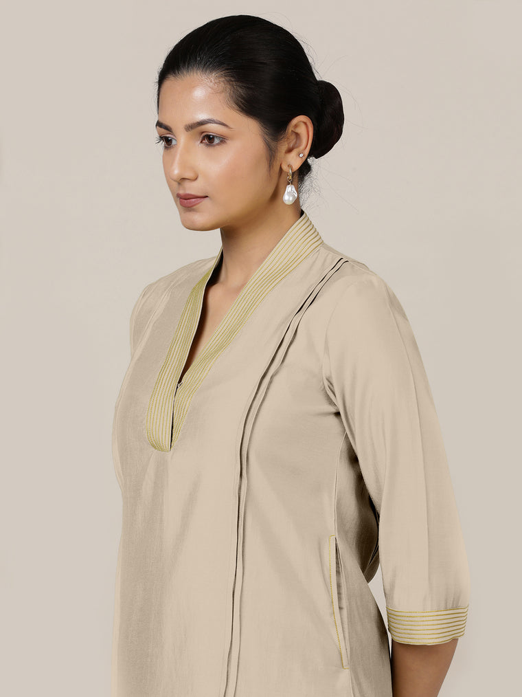 Vanya x Rozaana Kurta, in Grey Viscose, featuring three quarter sleeves and band collar neckline, made for daily & work.