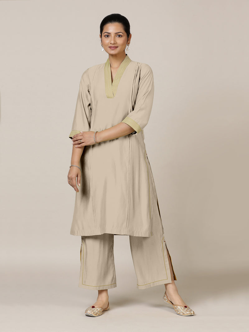 Vanya x Rozaana | A Line Kurta in Oyster Grey with Thread Work | Coords or Only Kurta-Binks