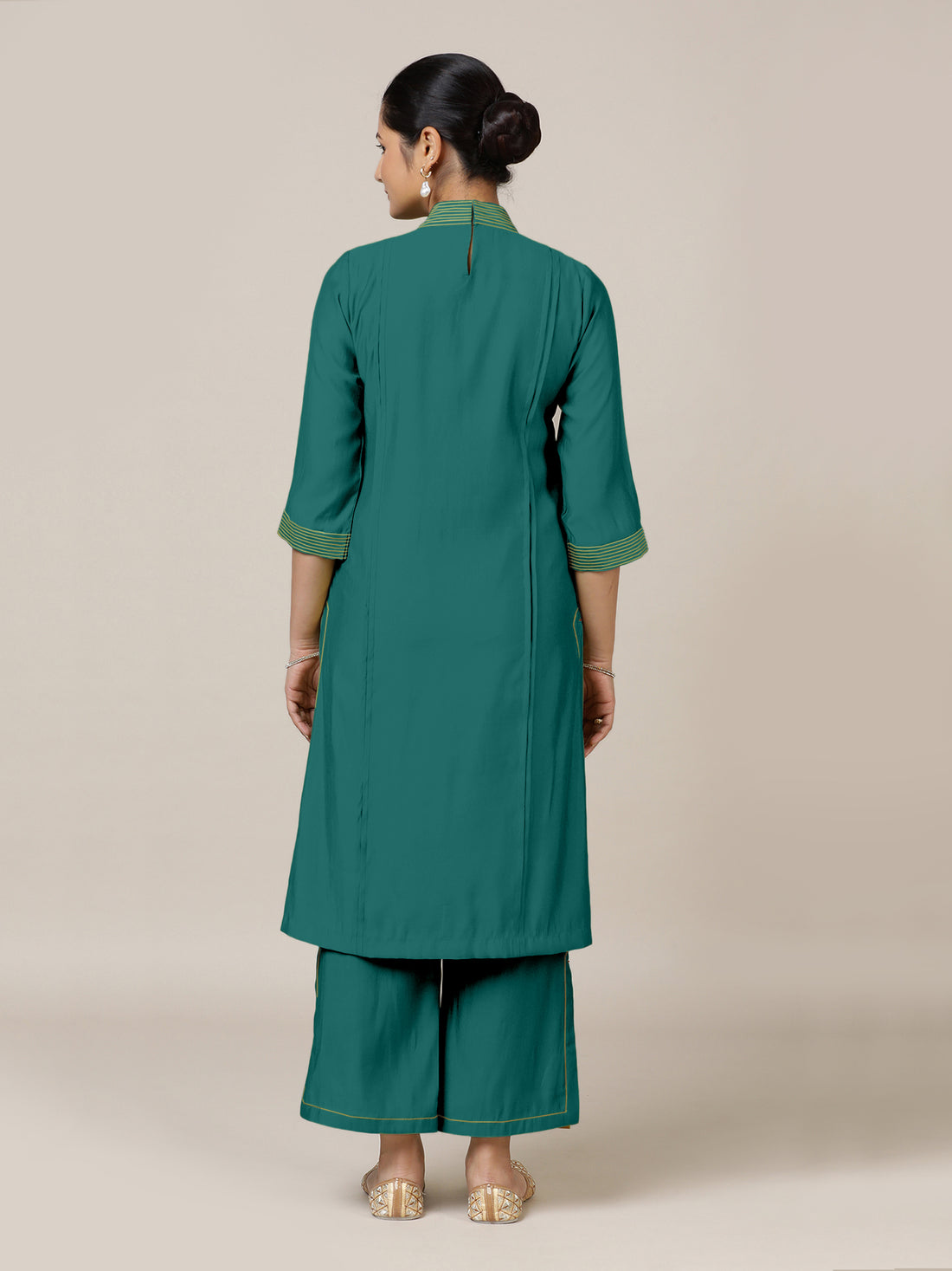 Vanya x Rozaana Kurta, in Green Viscose, featuring three quarter sleeves and band collar neckline, made for daily & work.