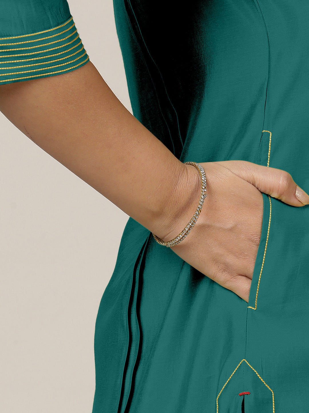 Vanya x Rozaana Kurta, in Green Viscose, featuring three quarter sleeves and band collar neckline, made for daily & work.