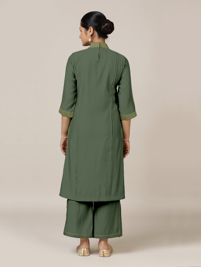 Vanya x Rozaana Kurta, in Green Viscose, featuring three quarter sleeves and band collar neckline, made for daily & work.