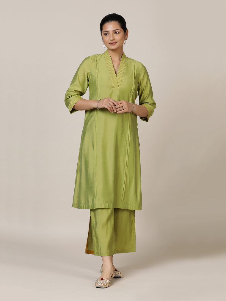 Vanya x Rozaana Kurta, in Green Viscose, featuring three quarter sleeves and overlap v-neckline, made for daily & work.