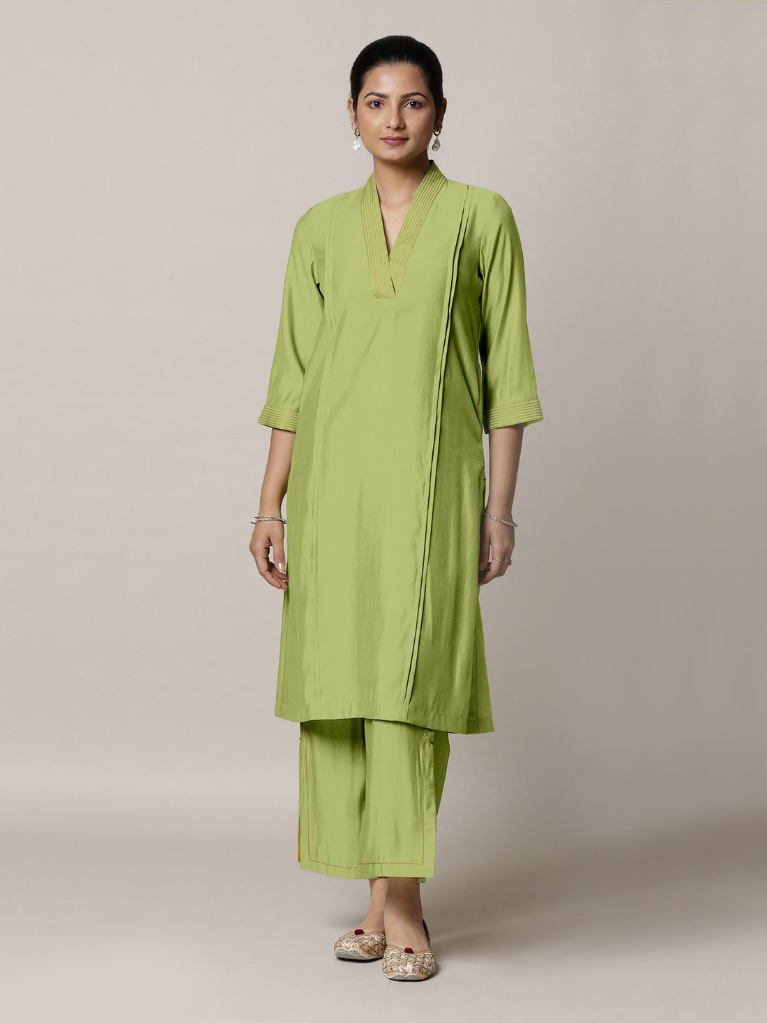 Vanya x Rozaana Kurta, in Green Viscose, featuring three quarter sleeves and overlap v-neckline, made for daily & work (view 7).