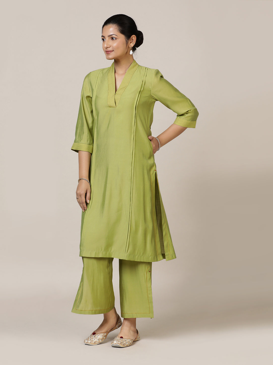 Vanya x Rozaana Kurta, in Green Viscose, featuring three quarter sleeves and overlap v-neckline, made for daily & work (view 8).