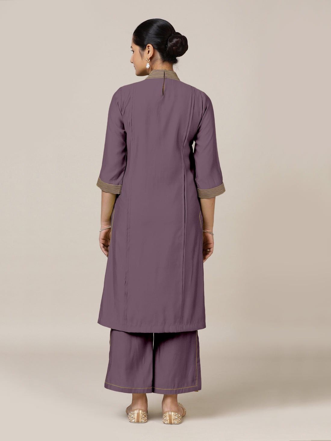 Vanya x Rozaana Kurta, in Purple Viscose, featuring three quarter sleeves and band collar neckline, made for daily & work.