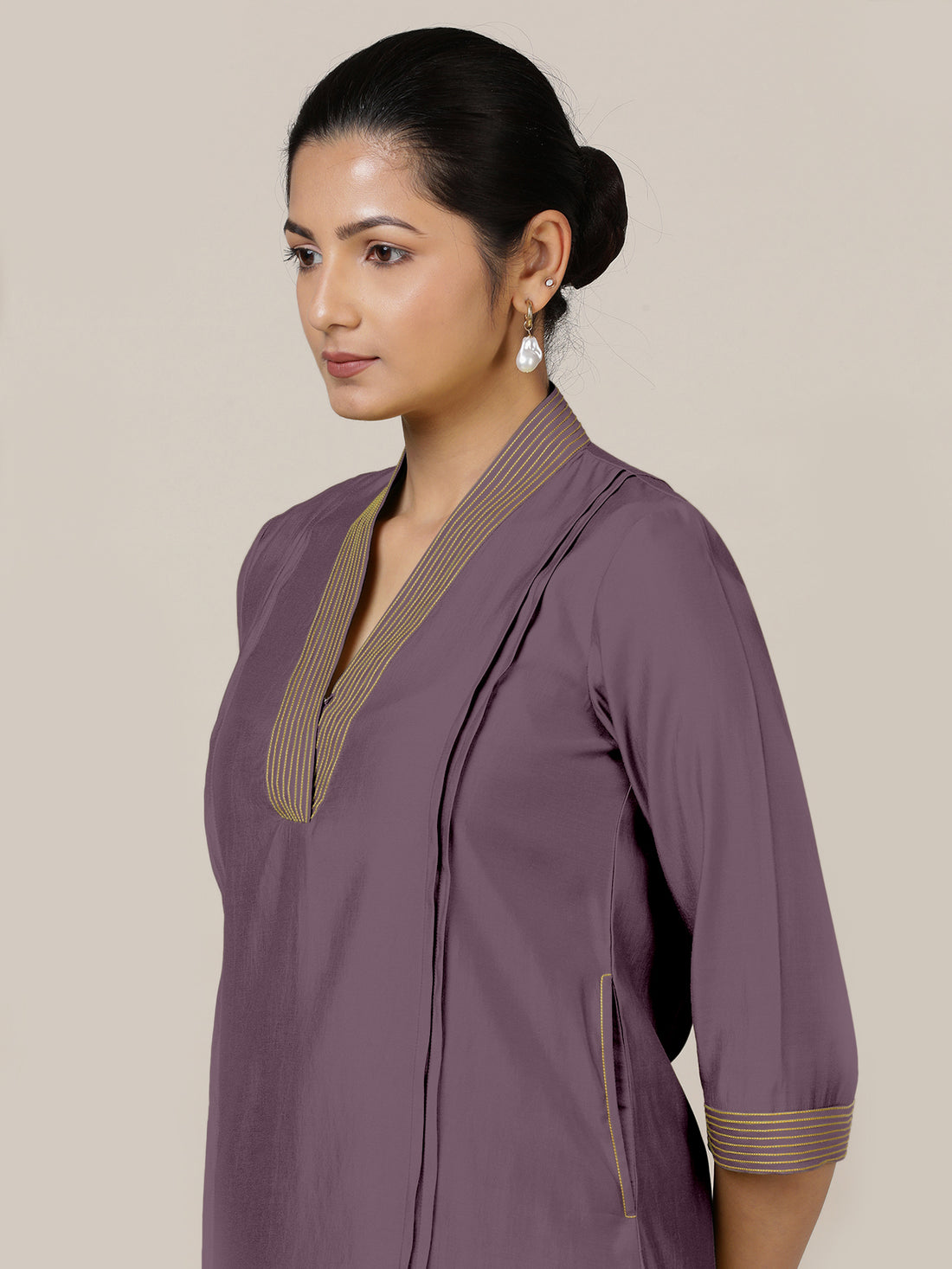Vanya x Rozaana Kurta, in Purple Viscose, featuring three quarter sleeves and band collar neckline, made for daily & work.