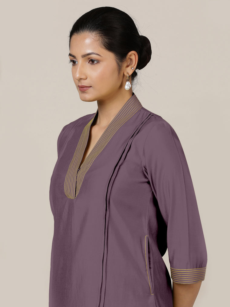 Vanya x Rozaana Kurta, in Purple Viscose, featuring three quarter sleeves and band collar neckline, made for daily & work.