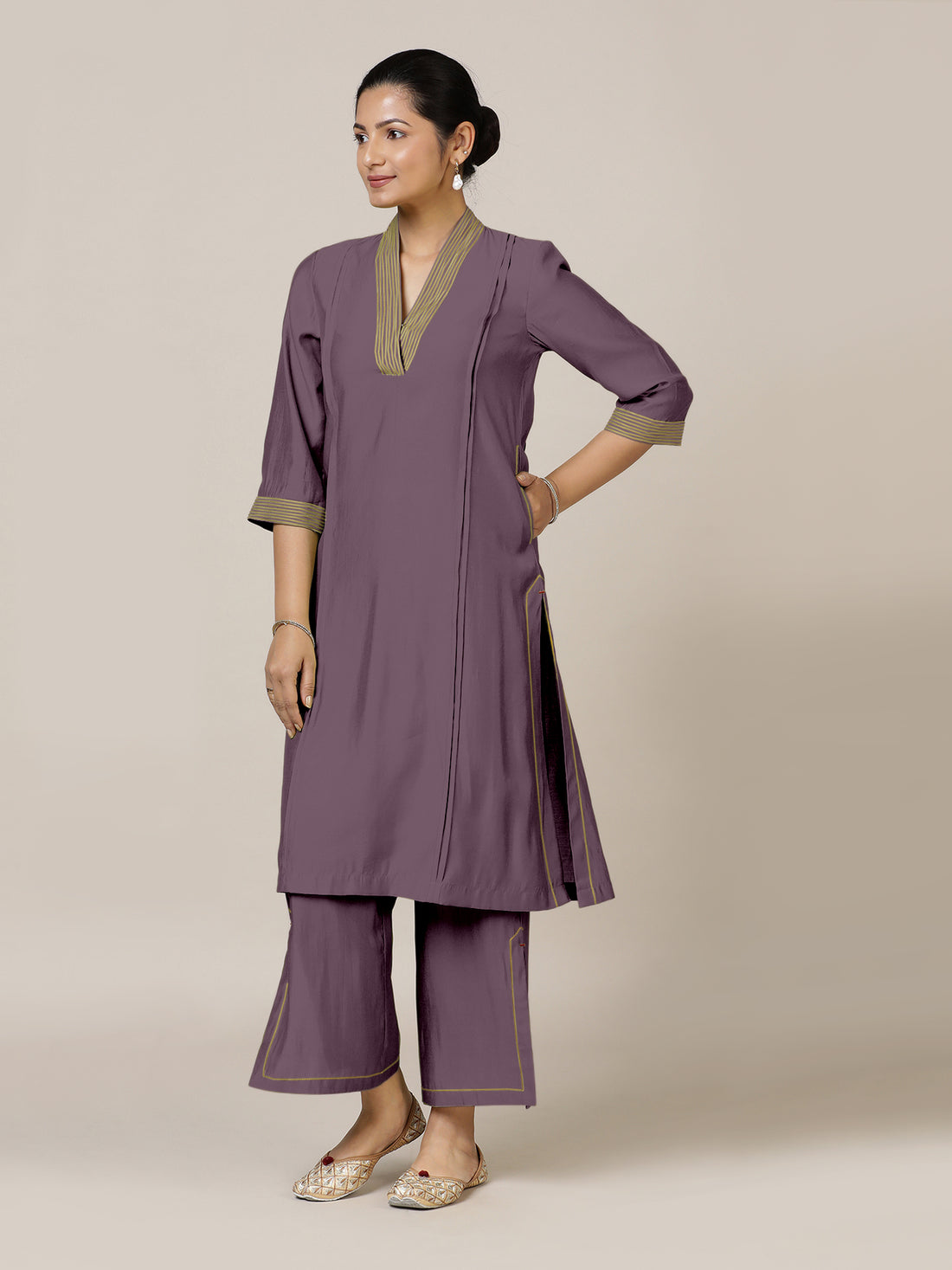 Vanya x Rozaana Kurta, in Purple Viscose, featuring three quarter sleeves and band collar neckline, made for daily & work.