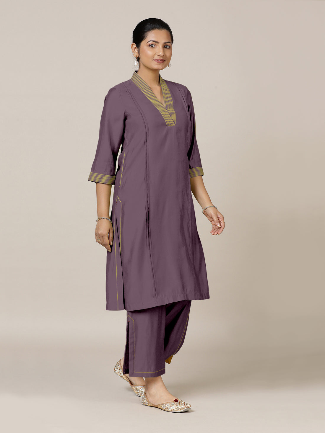 Vanya x Rozaana Kurta, in Purple Viscose, featuring three quarter sleeves and band collar neckline, made for daily & work.