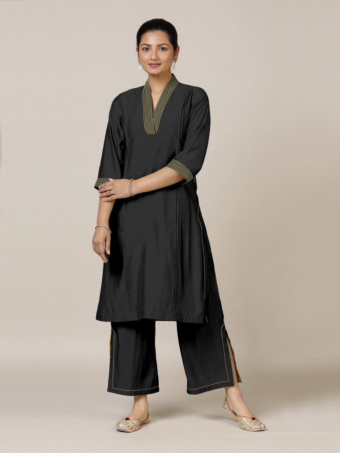 Vanya x Rozaana Kurta, in Black Viscose, featuring three quarter sleeves and band collar neckline, made for daily & work.