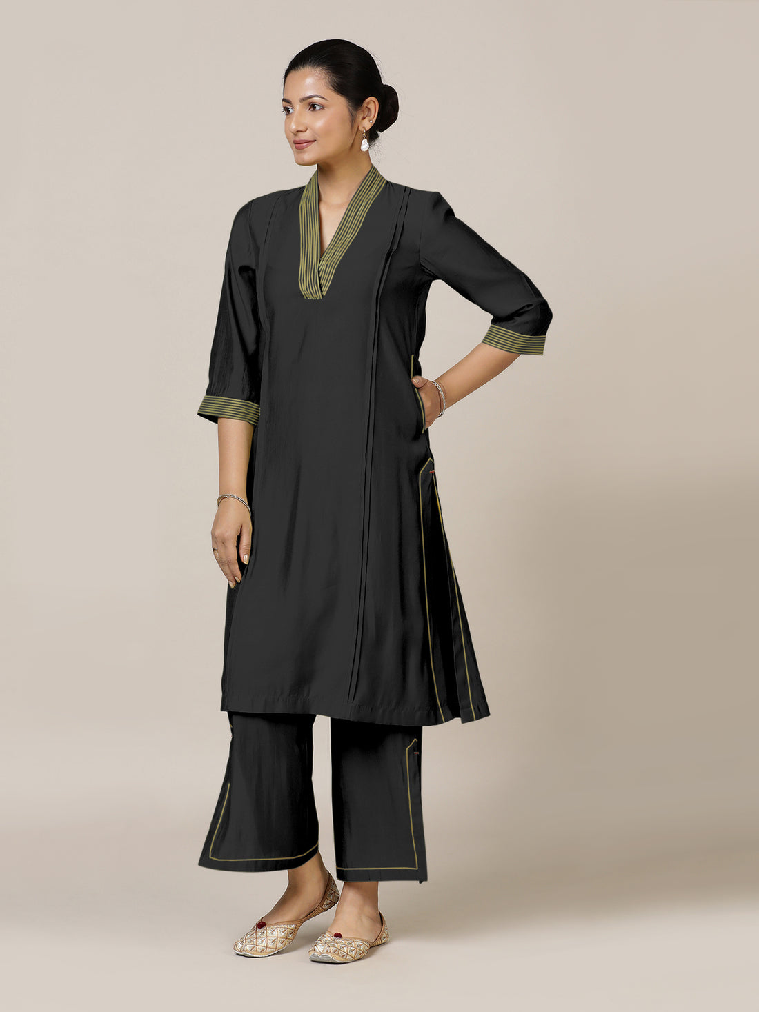 Vanya x Rozaana Kurta, in Black Viscose, featuring three quarter sleeves and band collar neckline, made for daily & work.