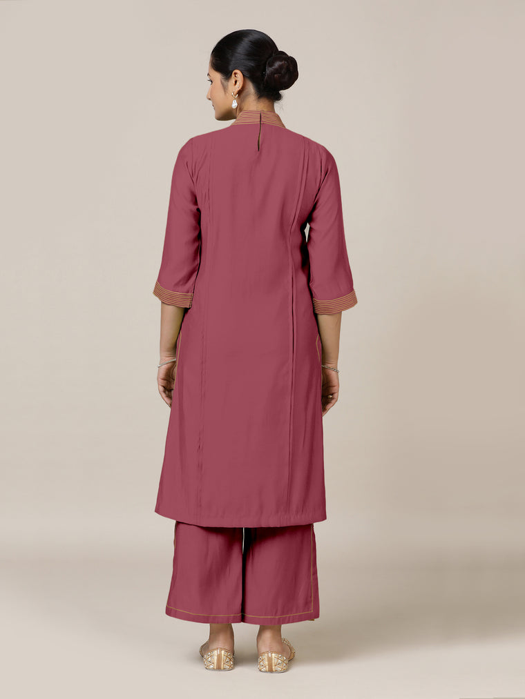Vanya x Rozaana Kurta, in Pink Viscose, featuring three quarter sleeves and band collar neckline, made for daily & work.