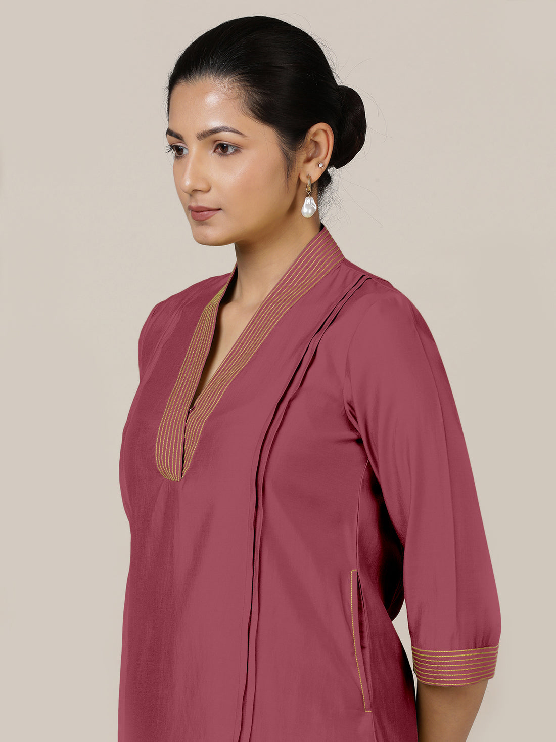 Vanya x Rozaana Kurta, in Pink Viscose, featuring three quarter sleeves and band collar neckline, made for daily & work.