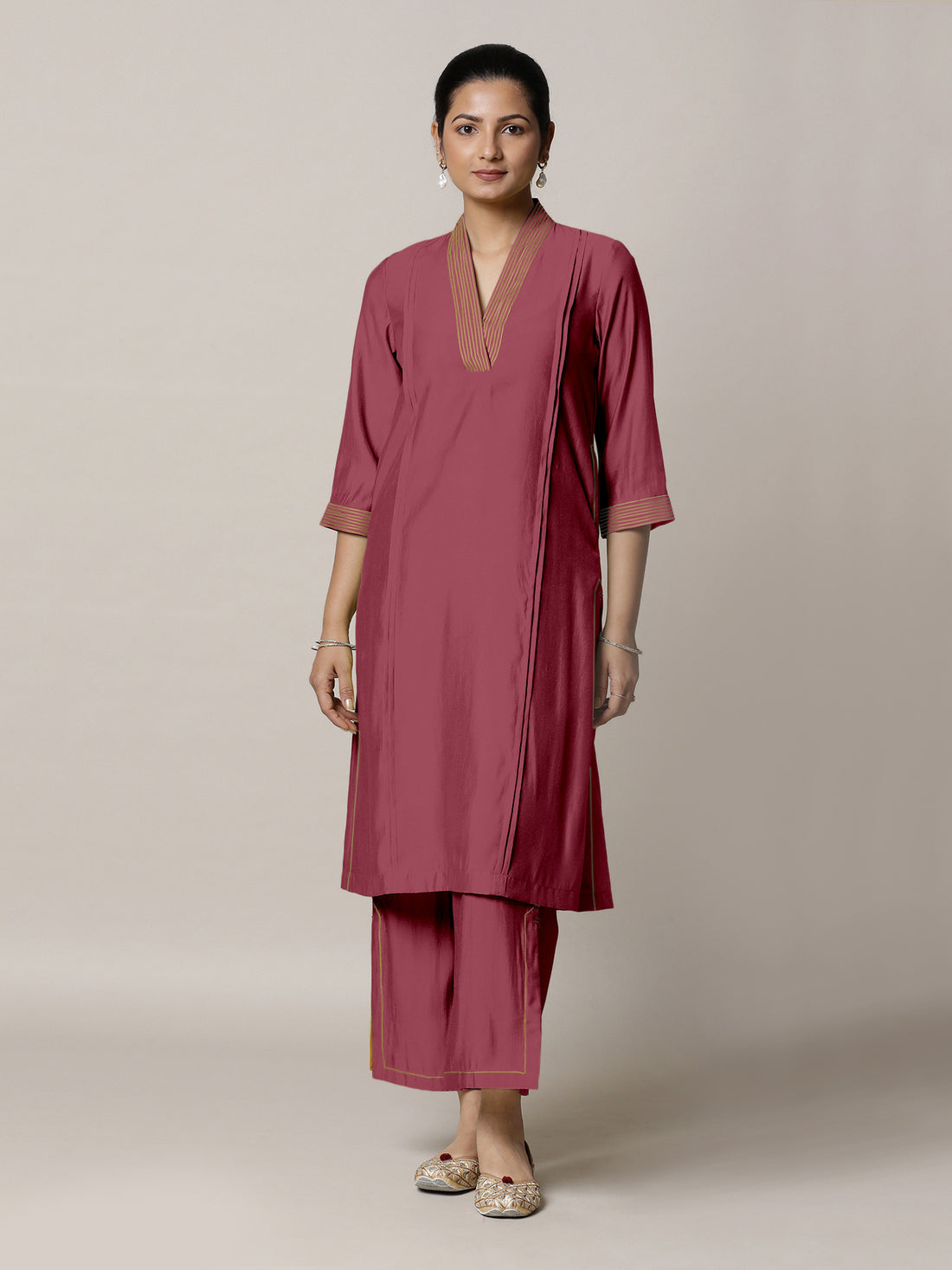 Vanya x Rozaana Kurta, in Pink Viscose, featuring three quarter sleeves and band collar neckline, made for daily & work.