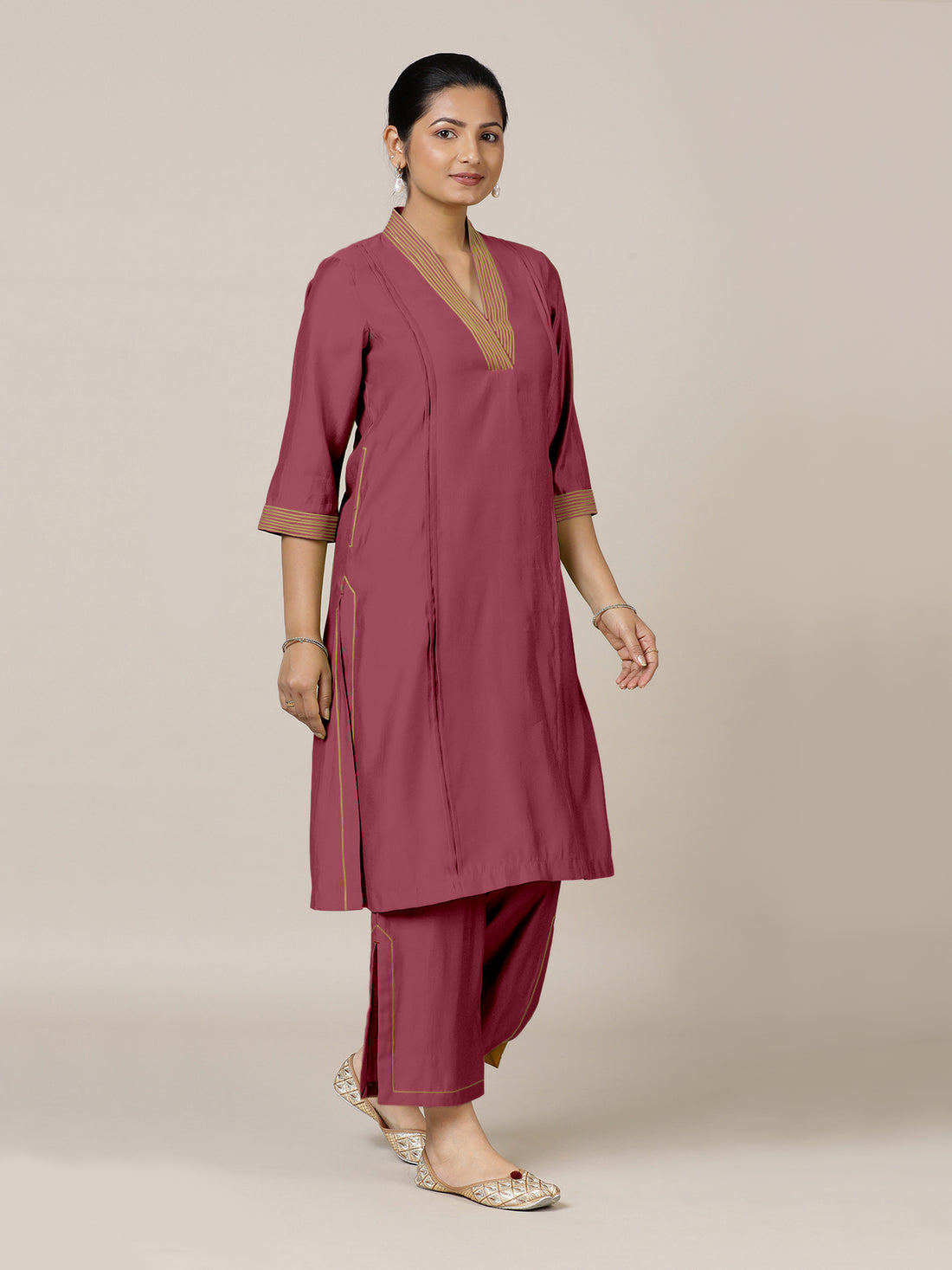 Vanya x Rozaana Kurta, in Pink Viscose, featuring three quarter sleeves and band collar neckline, made for daily & work.