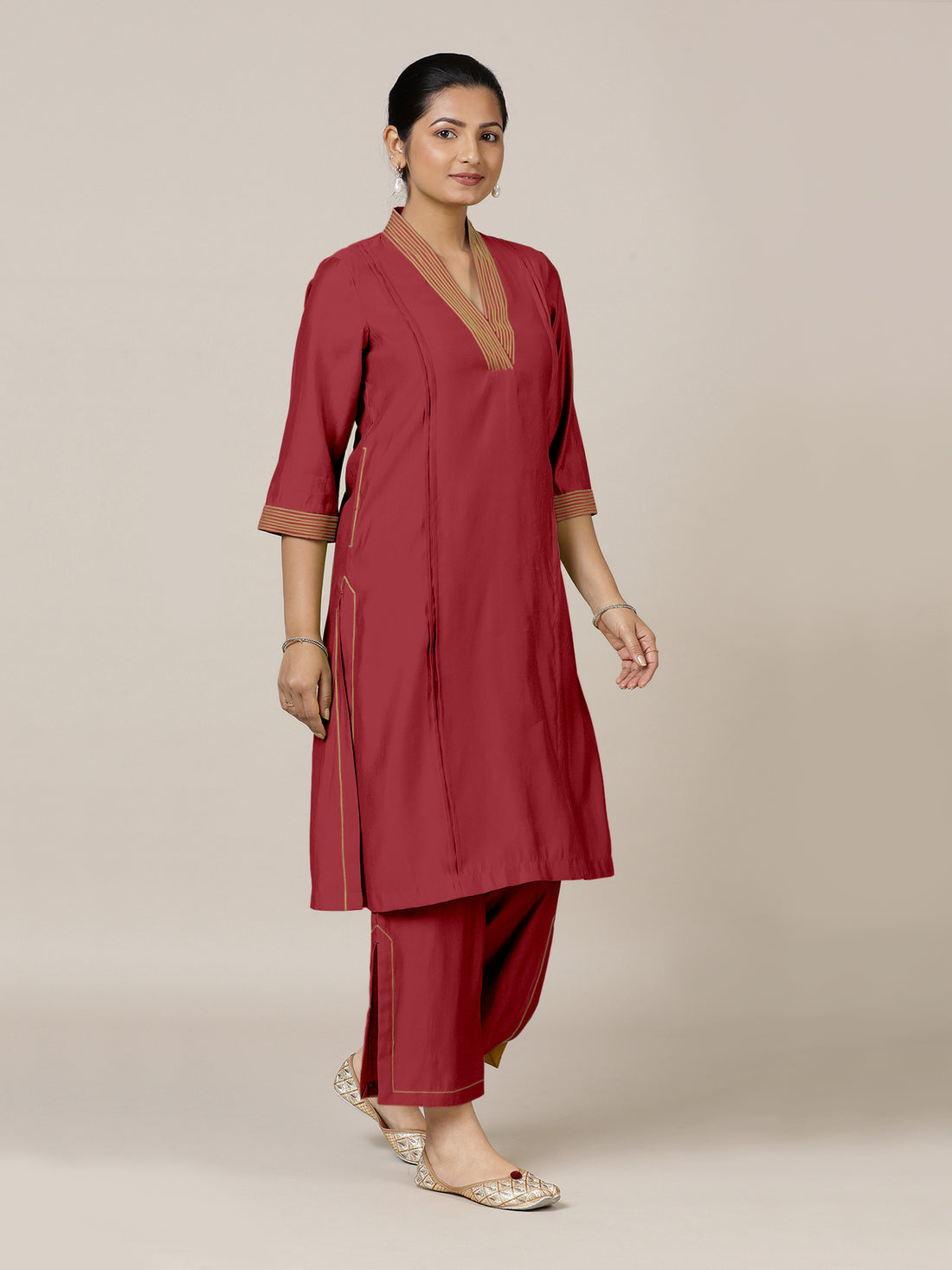 Vanya x Rozaana Kurta, in Red Viscose, featuring three quarter sleeves and band collar neckline, made for daily & work.