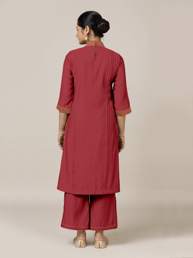 Vanya x Rozaana Kurta, in Red Viscose, featuring three quarter sleeves and band collar neckline, made for daily & work (view 2).