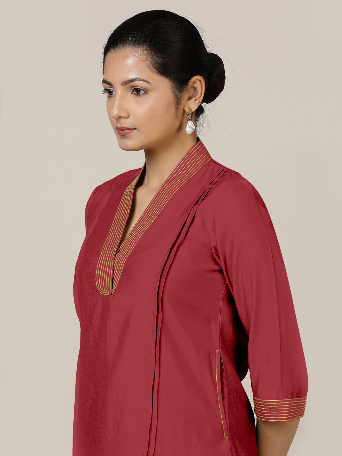 Vanya x Rozaana Kurta, in Red Viscose, featuring three quarter sleeves and band collar neckline, made for daily & work (view 3).