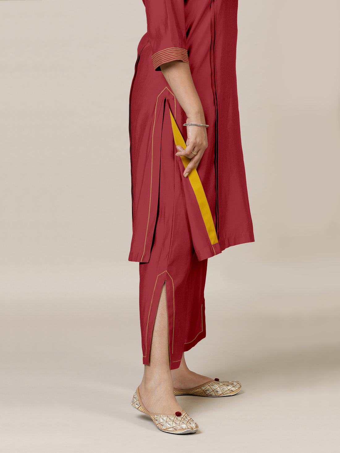 Vanya x Rozaana Kurta, in Red Viscose, featuring three quarter sleeves and band collar neckline, made for daily & work (view 5).
