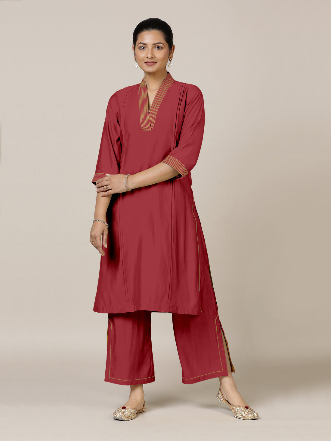 Vanya x Rozaana Kurta, in Red Viscose, featuring three quarter sleeves and band collar neckline, made for daily & work (view 6).