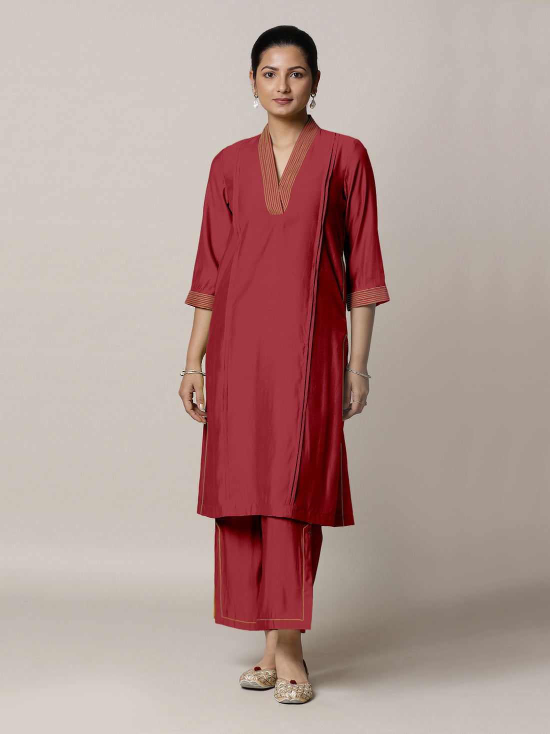 Vanya x Rozaana Kurta, in Red Viscose, featuring three quarter sleeves and band collar neckline, made for daily & work (view 7).