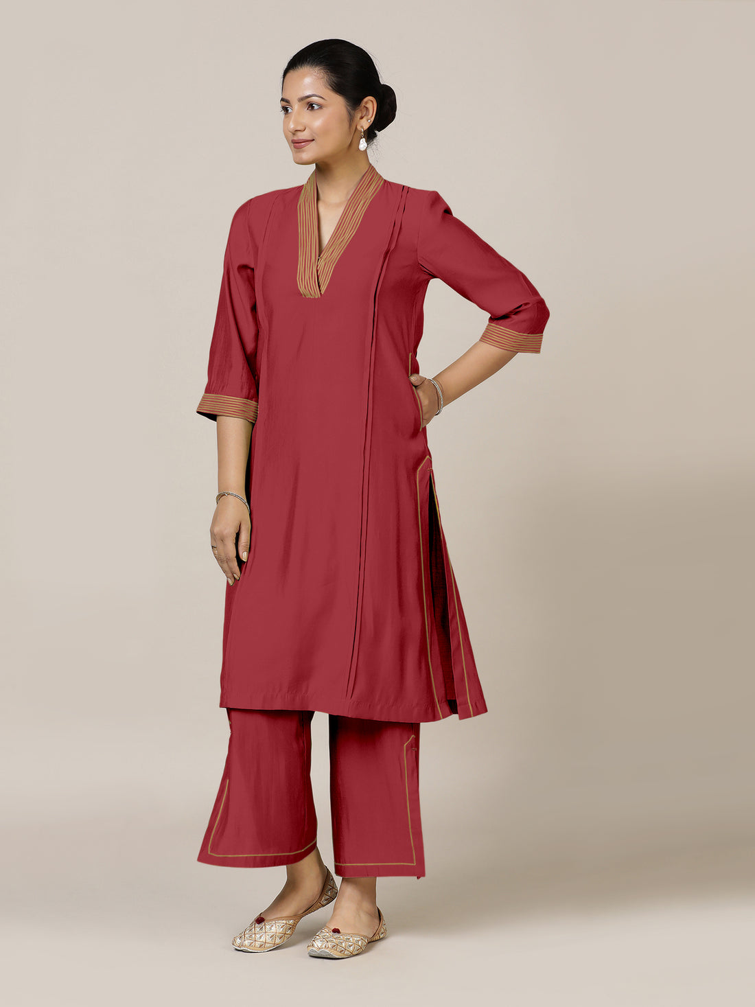 Vanya x Rozaana Kurta, in Red Viscose, featuring three quarter sleeves and band collar neckline, made for daily & work (view 8).