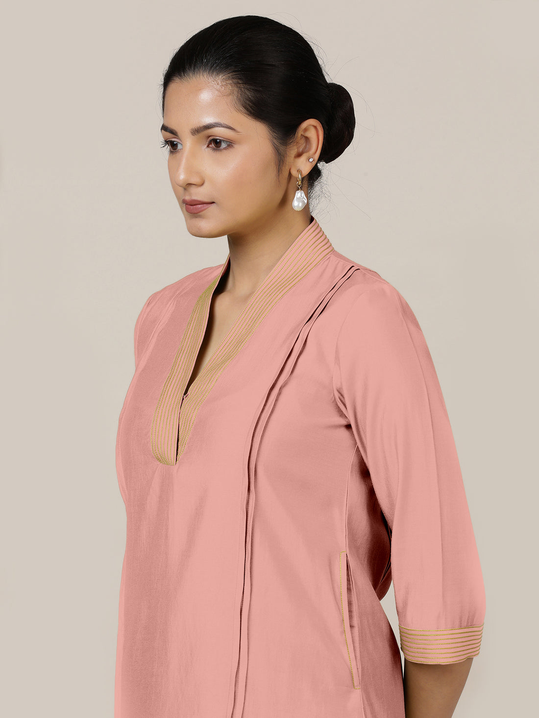 Vanya x Rozaana Kurta, in Pink Viscose, featuring three quarter sleeves and band collar neckline, made for daily & work.