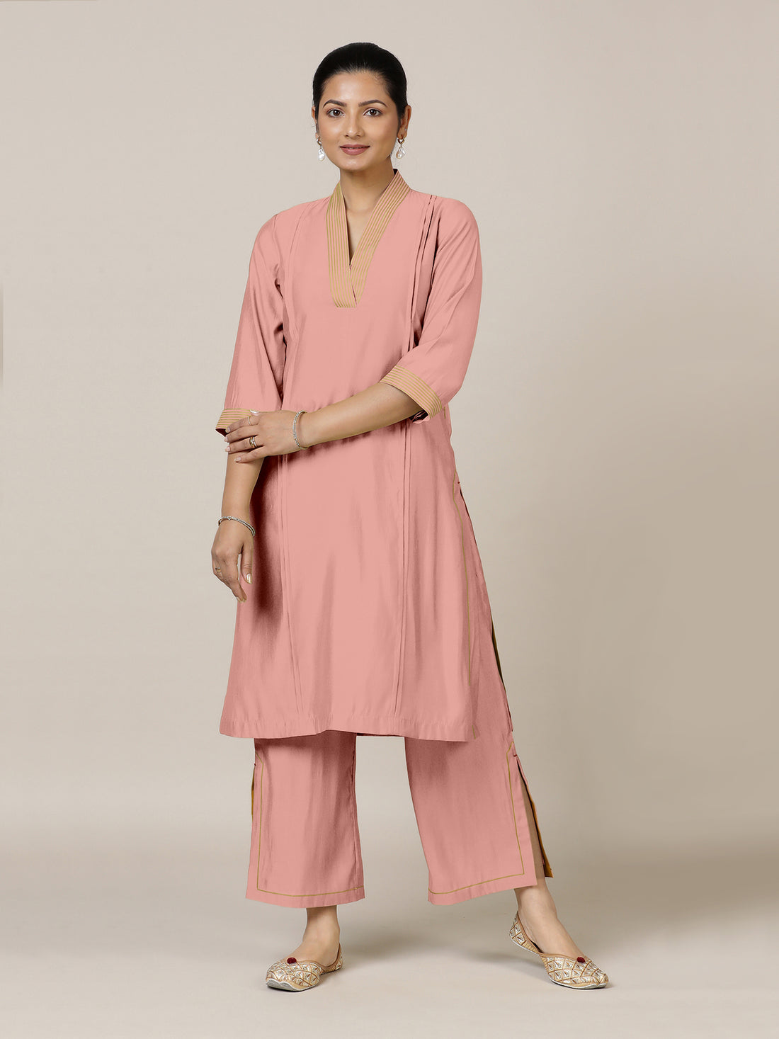 Vanya x Rozaana Kurta, in Pink Viscose, featuring three quarter sleeves and band collar neckline, made for daily & work.
