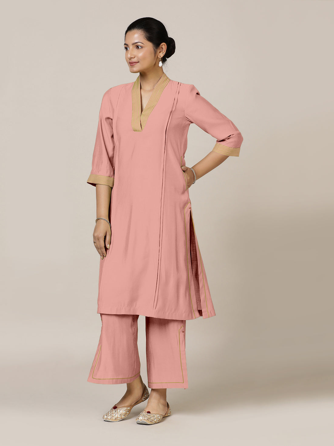 Vanya x Rozaana Kurta, in Pink Viscose, featuring three quarter sleeves and band collar neckline, made for daily & work.