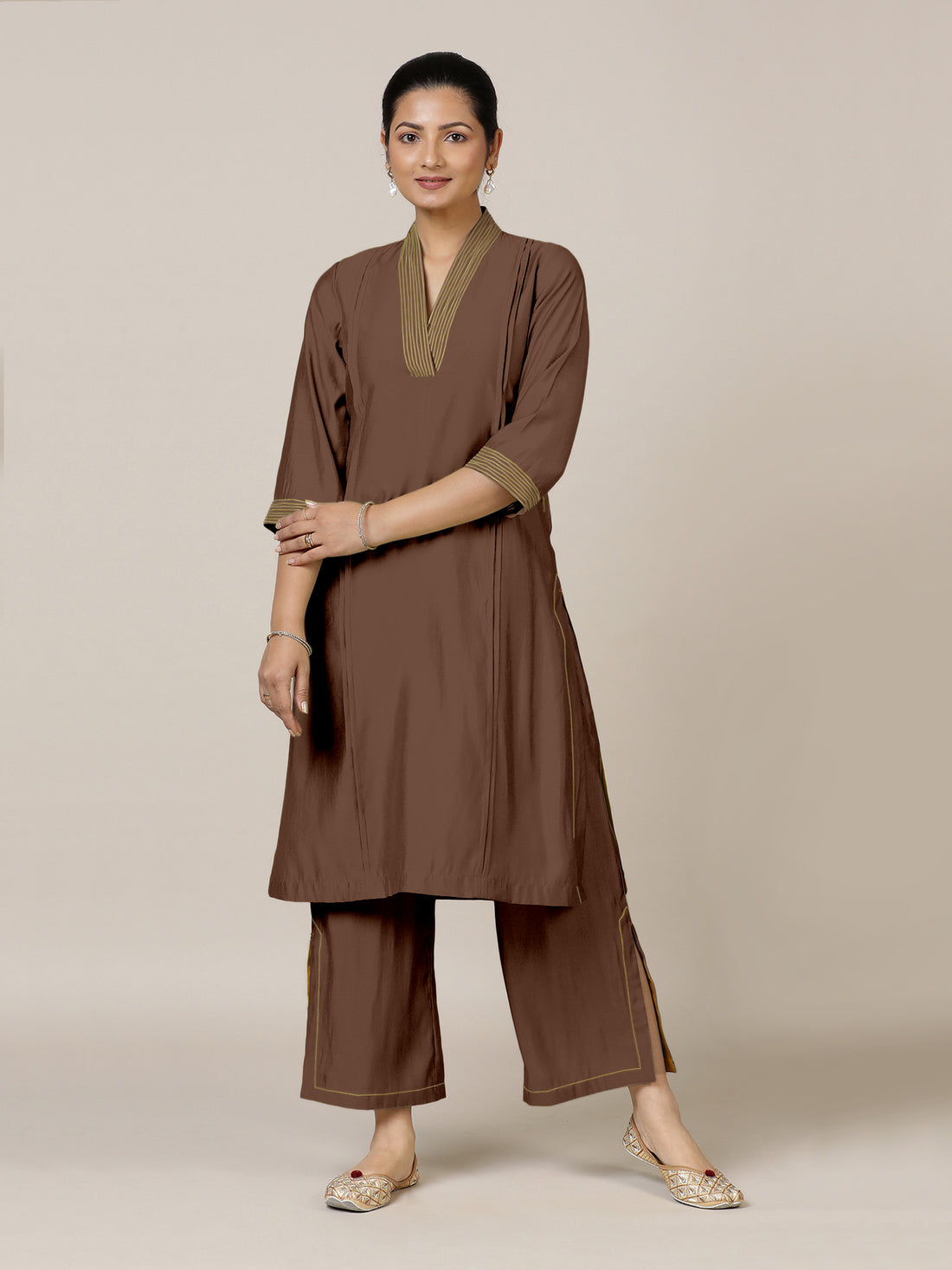 Vanya x Rozaana Kurta, in Brown Viscose, featuring three quarter sleeves and band collar neckline, made for daily & work.