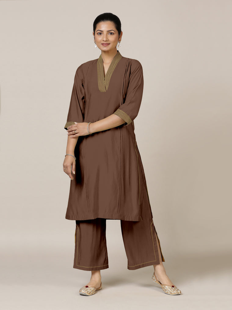 Vanya x Rozaana Kurta, in Brown Viscose, featuring three quarter sleeves and band collar neckline, made for daily & work.