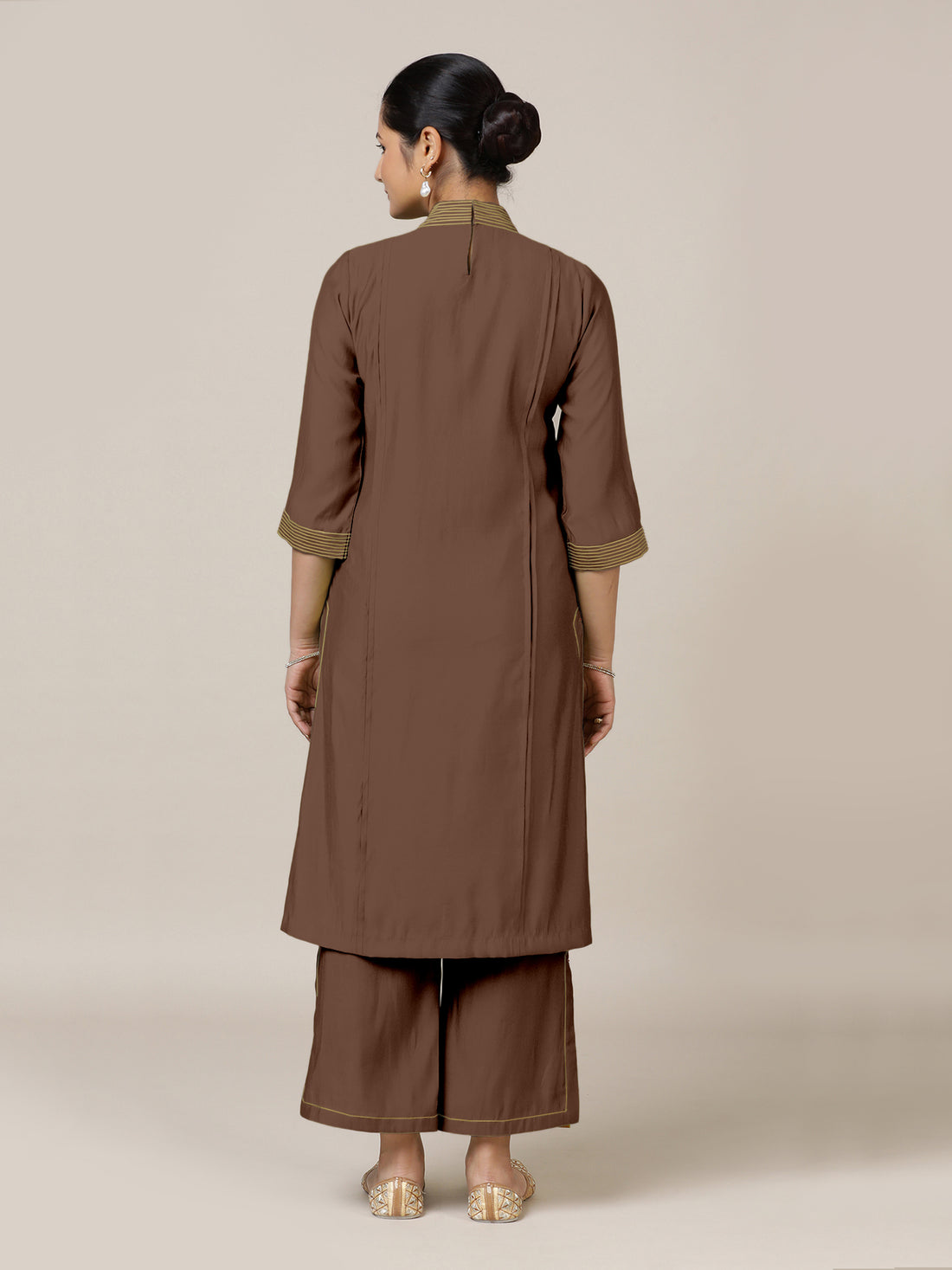 Vanya x Rozaana Kurta, in Brown Viscose, featuring three quarter sleeves and band collar neckline, made for daily & work.