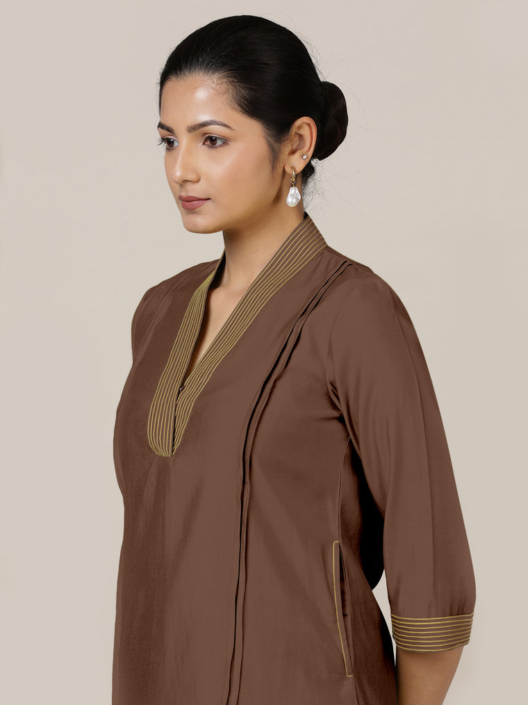 Vanya x Rozaana Kurta, in Brown Viscose, featuring three quarter sleeves and band collar neckline, made for daily & work.