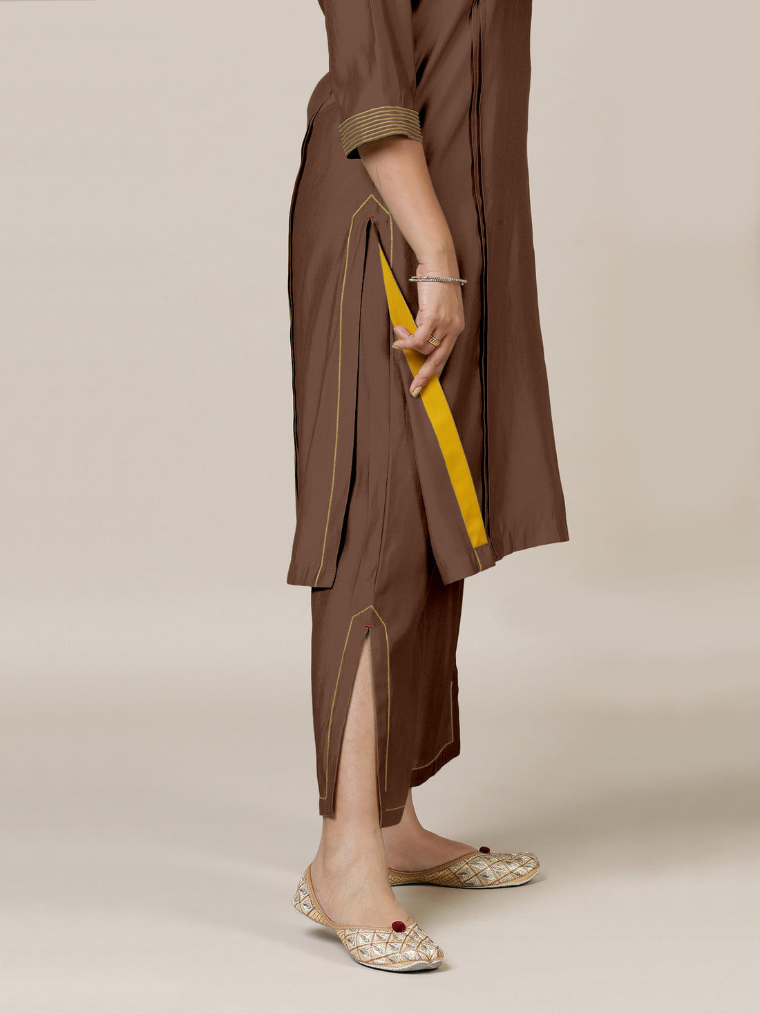 Vanya x Rozaana Kurta, in Brown Viscose, featuring three quarter sleeves and band collar neckline, made for daily & work.