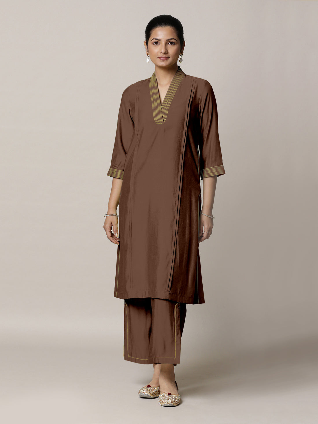 Vanya x Rozaana Kurta, in Brown Viscose, featuring three quarter sleeves and band collar neckline, made for daily & work.
