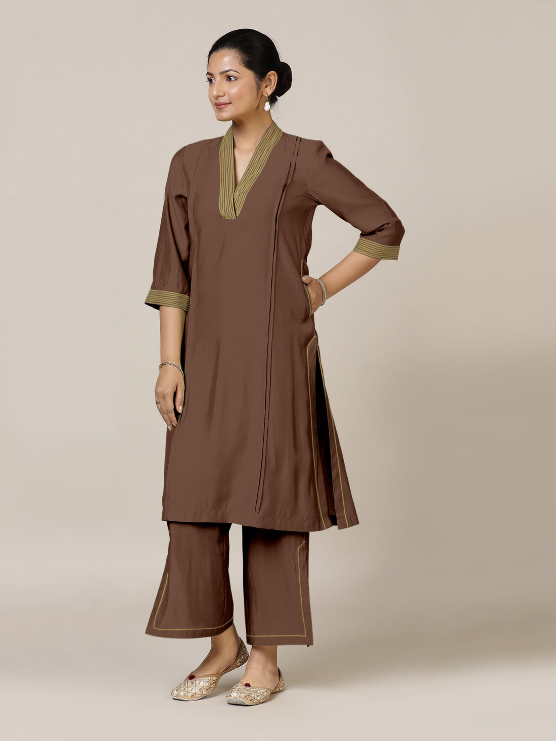 Vanya x Rozaana Kurta, in Brown Viscose, featuring three quarter sleeves and band collar neckline, made for daily & work.