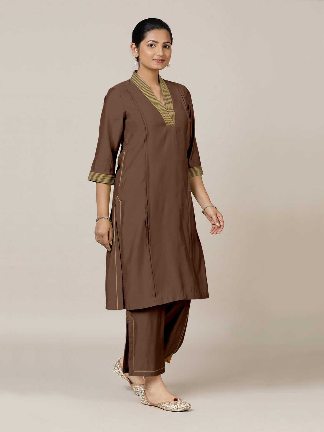 Vanya x Rozaana Kurta, in Brown Viscose, featuring three quarter sleeves and band collar neckline, made for daily & work.