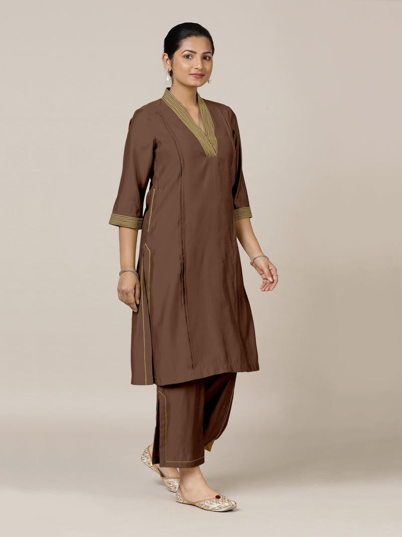 Vanya x Rozaana | A Line Kurta in Walnut Brown with Thread Work | Coords or Only Kurta-Binks