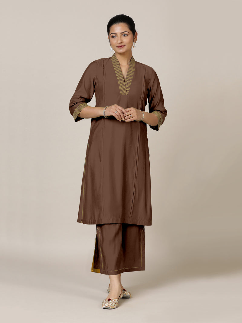 Vanya x Rozaana | A Line Kurta in Walnut Brown with Thread Work | Coords or Only Kurta-Binks