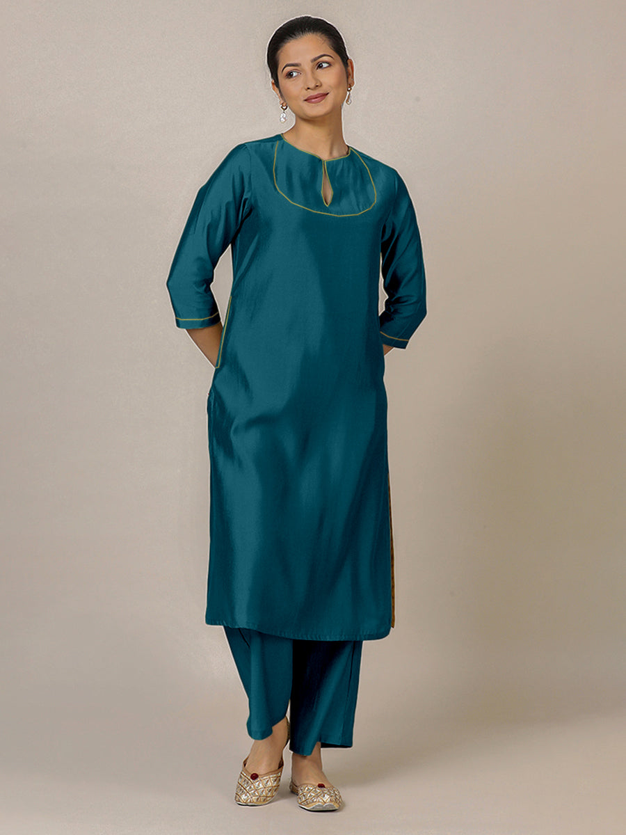 Zoya x Rozaana Kurta, in Blue Viscose, featuring three quarter sleeves and keyhole neckline, made for daily & work (view 5).