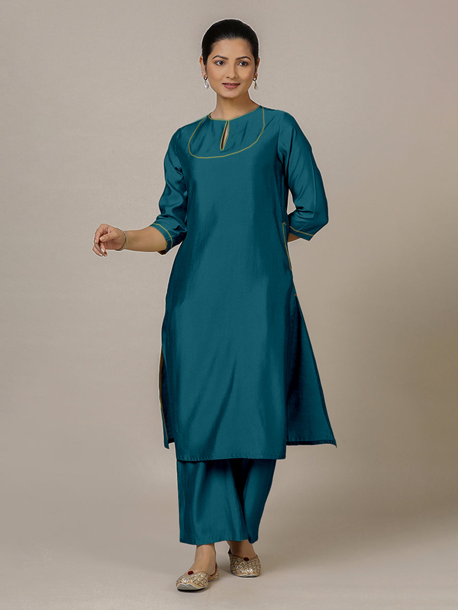 Zoya x Rozaana Kurta, in Blue Viscose, featuring three quarter sleeves and keyhole neckline, made for daily & work (view 6).