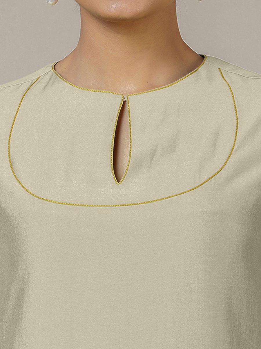 Zoya x Rozaana Kurta, in Cream Viscose, featuring three quarter sleeves and keyhole neckline, made for daily & work (view 3).