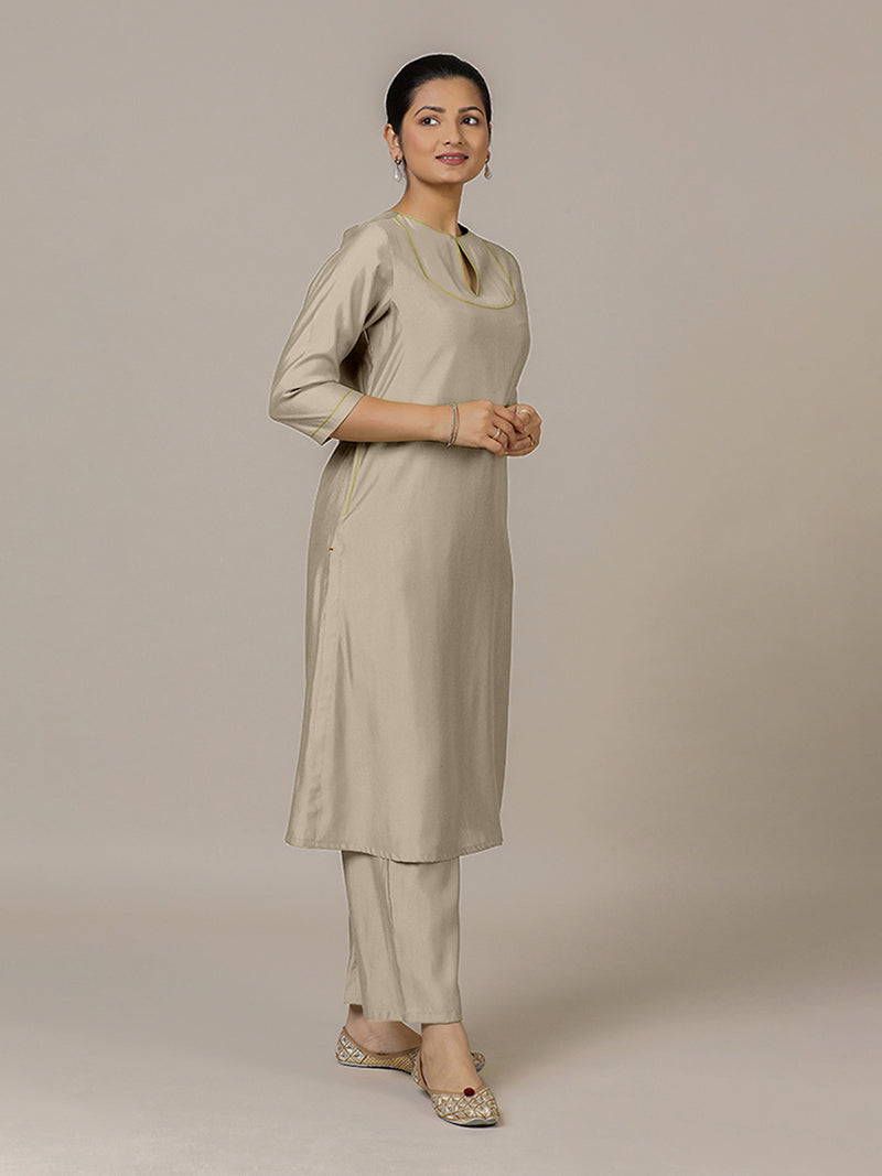 Zoya x Rozaana | A Line Kurta in Oyster Grey with Thread Work | Coords or Only Kurta-Binks