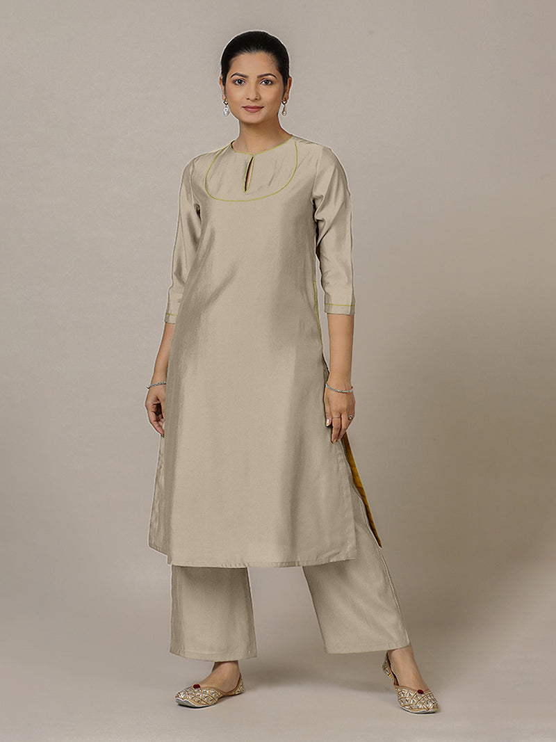 Zoya x Rozaana | A Line Kurta in Oyster Grey with Thread Work | Coords or Only Kurta-Binks