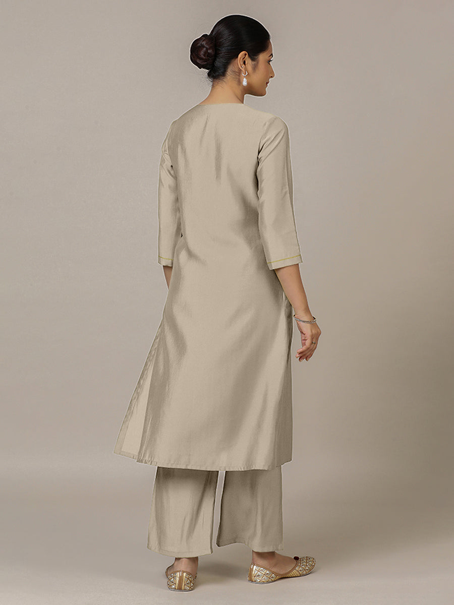 Zoya x Rozaana Kurta, in Grey Viscose, featuring three quarter sleeves and keyhole neckline, made for daily & work (view 2).