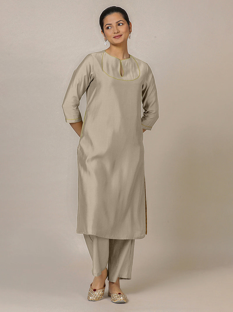 Zoya x Rozaana | A Line Kurta in Oyster Grey with Thread Work | Coords or Only Kurta-Binks